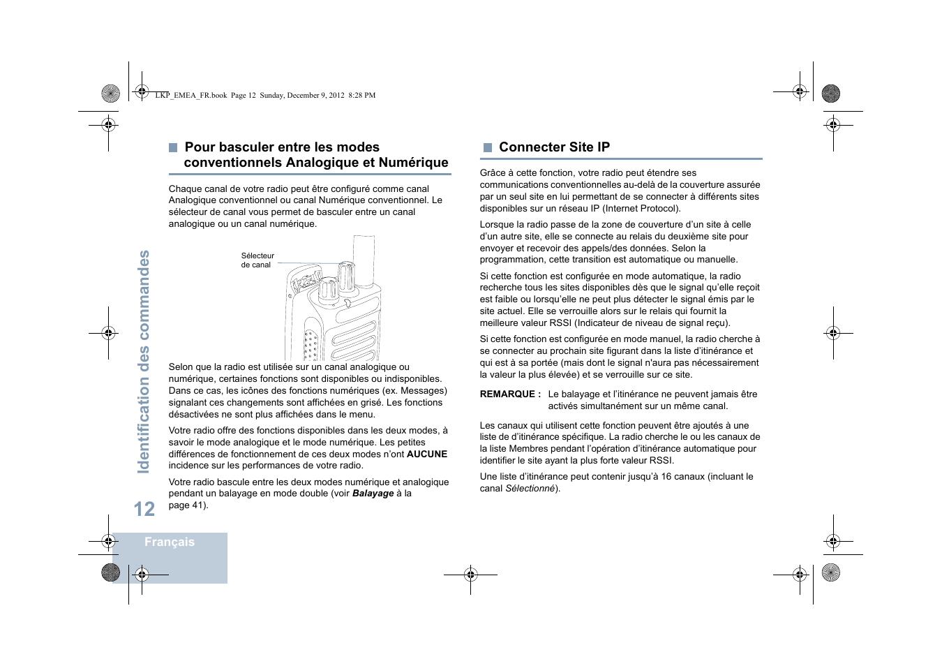 Connecter site ip, Pour basculer entre les modes conventionnels, Analogique et numérique | Identification des commandes | Motorola DP 2600 User Manual | Page 218 / 900