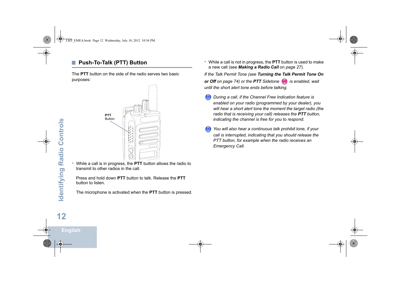 Push-to-talk (ptt) button, Identifying radio controls | Motorola DP 2600 User Manual | Page 22 / 900