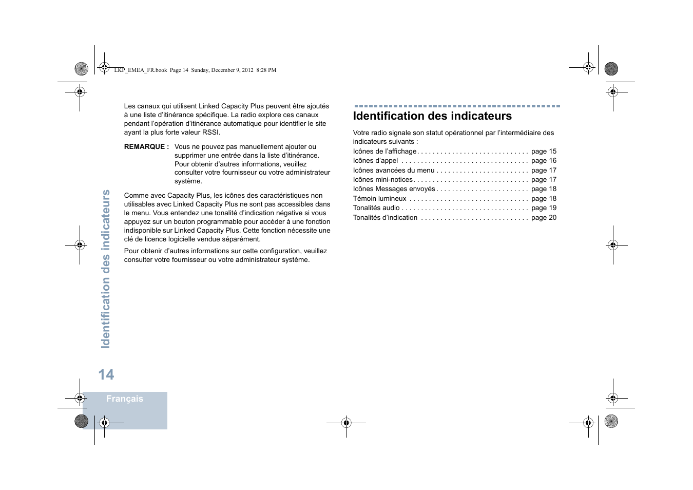 Identification des indicateurs | Motorola DP 2600 User Manual | Page 220 / 900