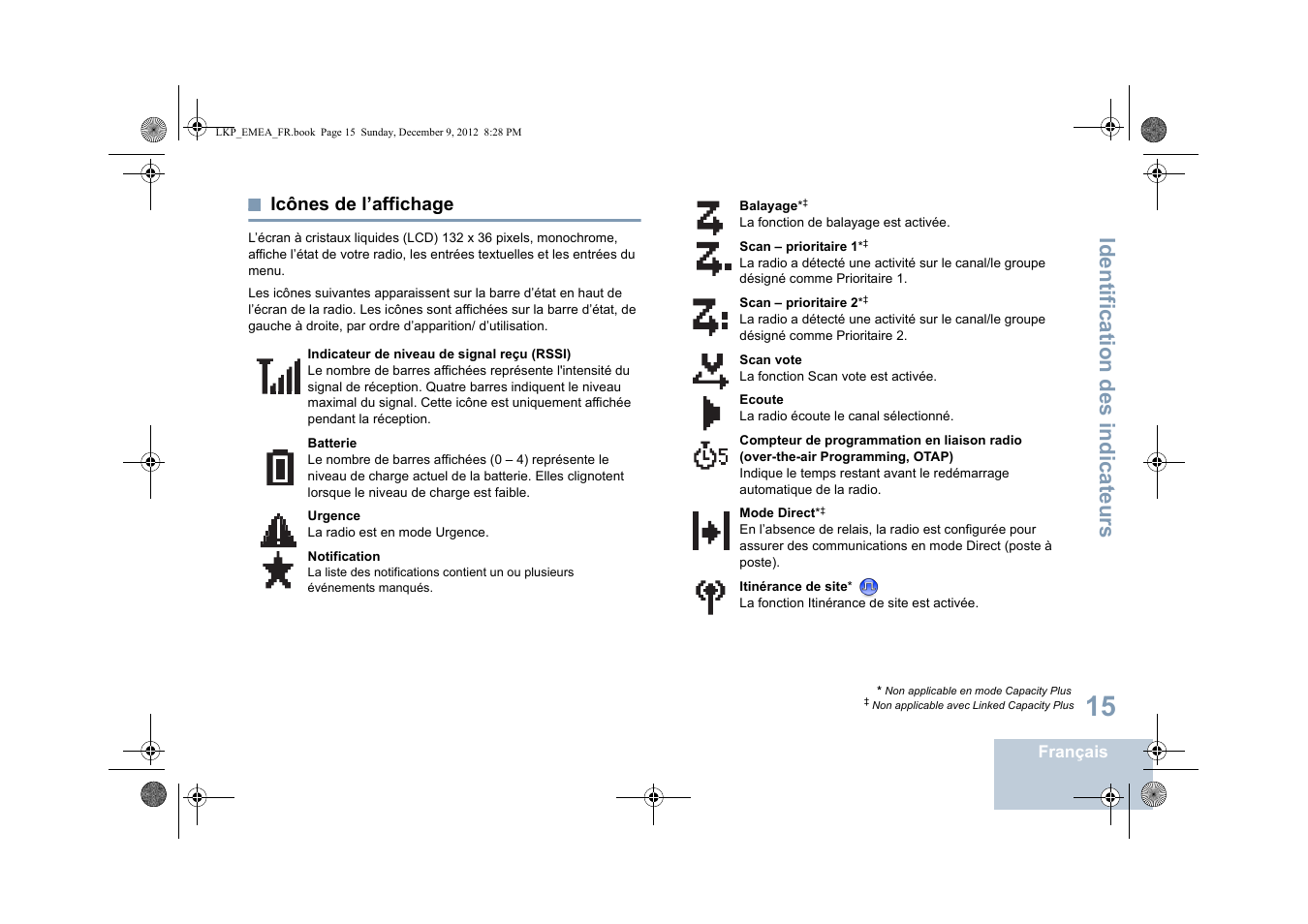 Icônes de l’affichage, Identification des indicateurs | Motorola DP 2600 User Manual | Page 221 / 900