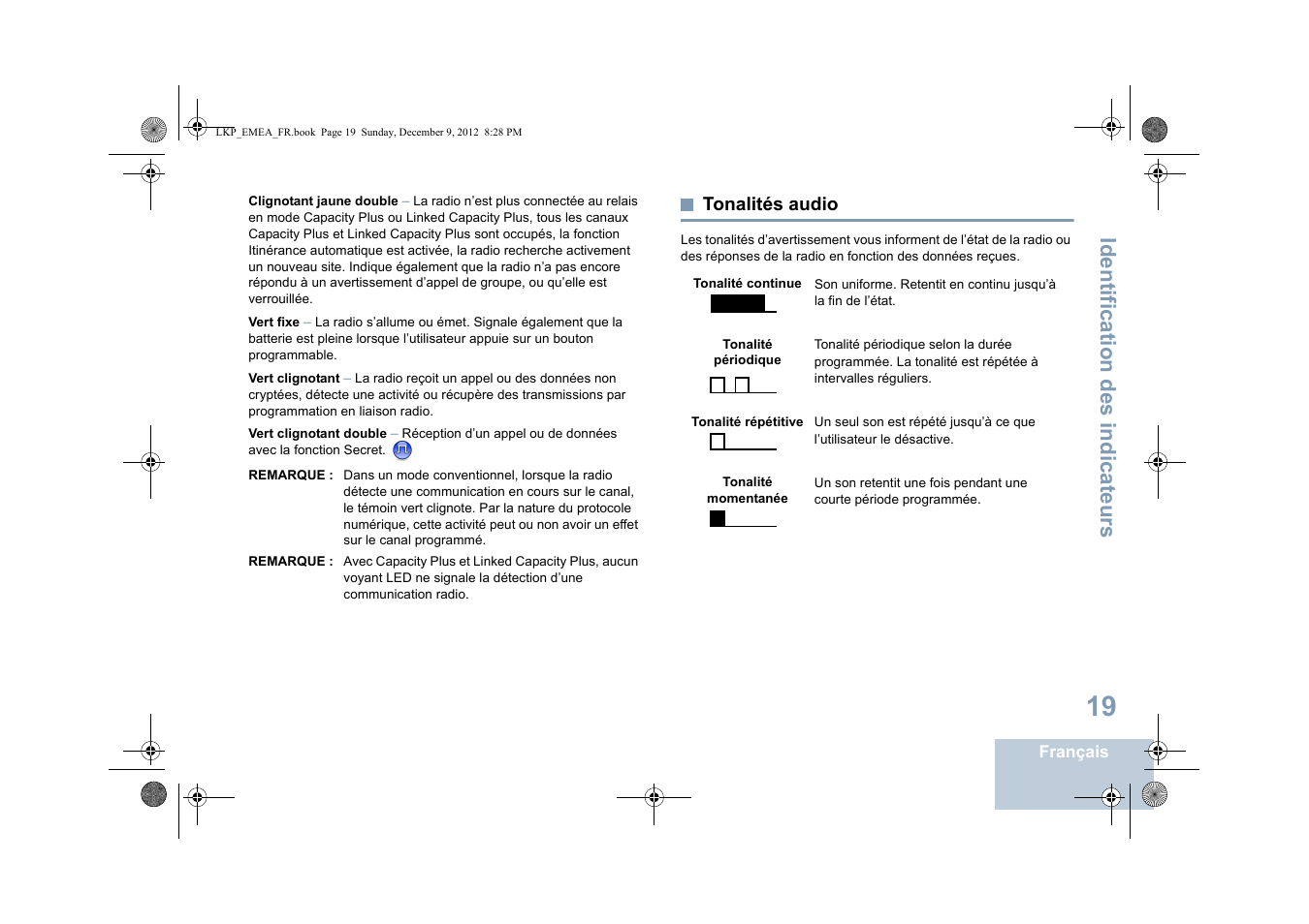 Tonalités audio, Identification des indicateurs | Motorola DP 2600 User Manual | Page 225 / 900