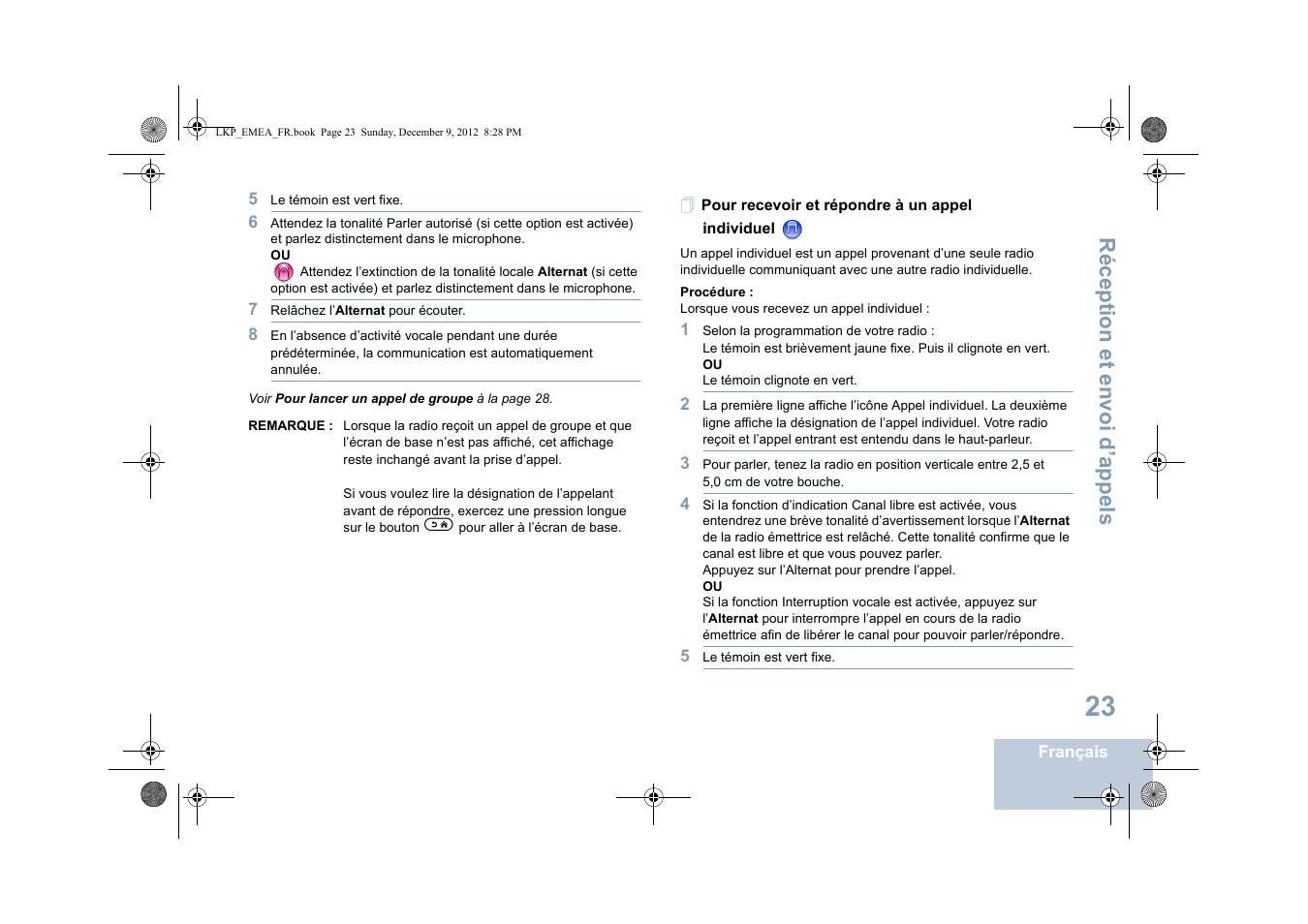 Pour recevoir et répondre à un appel individuel, Réception et envoi d’appels | Motorola DP 2600 User Manual | Page 229 / 900