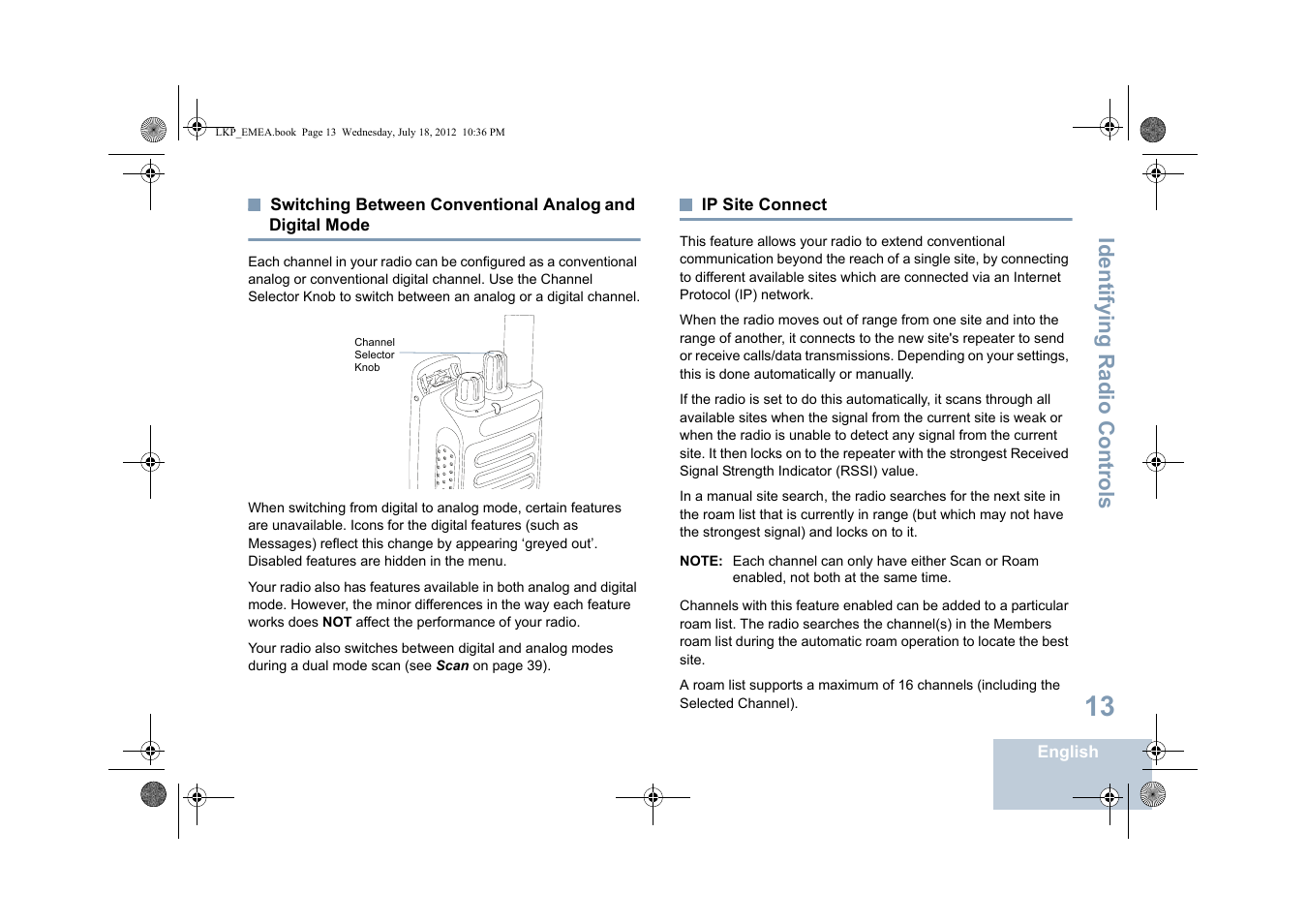 Ip site connect, Switching between conventional analog and, Digital mode | Identifying radio controls | Motorola DP 2600 User Manual | Page 23 / 900