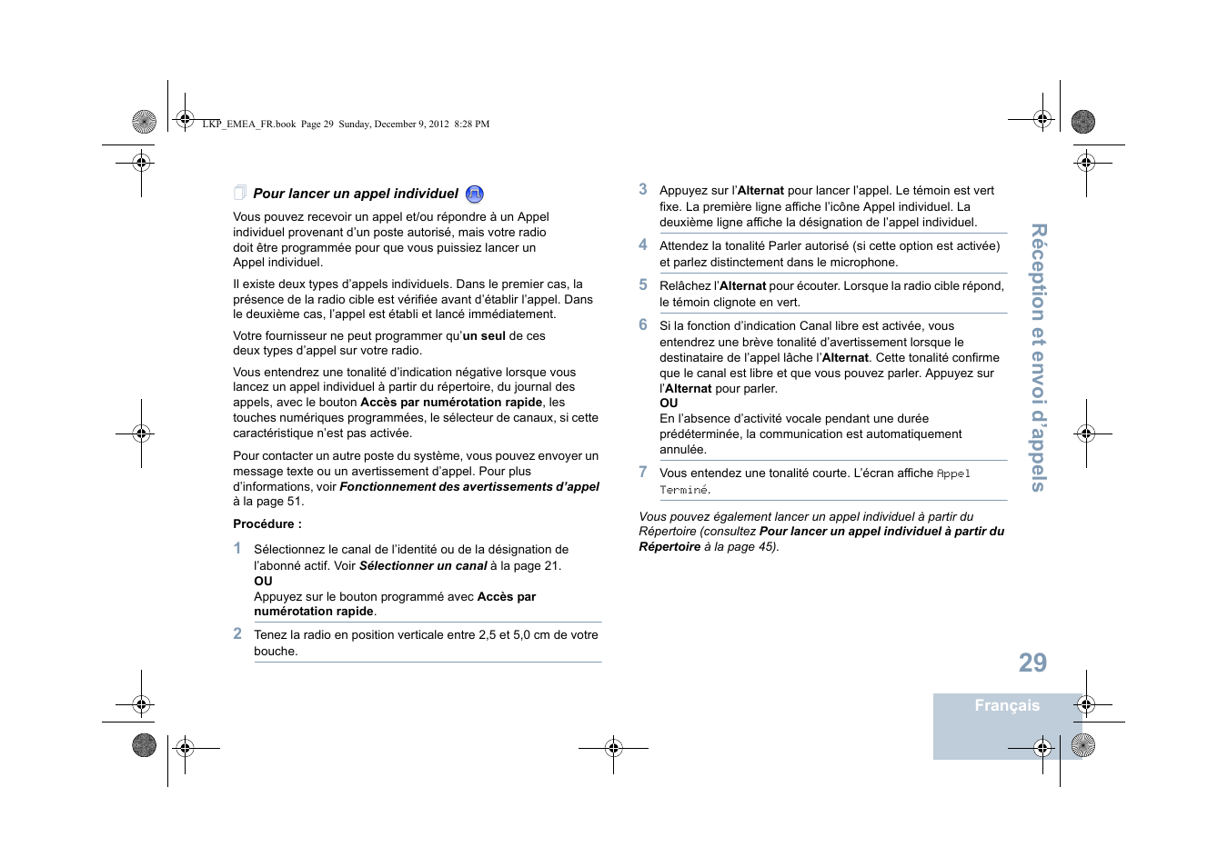 Pour lancer un appel individuel, Réception et envoi d’appels | Motorola DP 2600 User Manual | Page 235 / 900