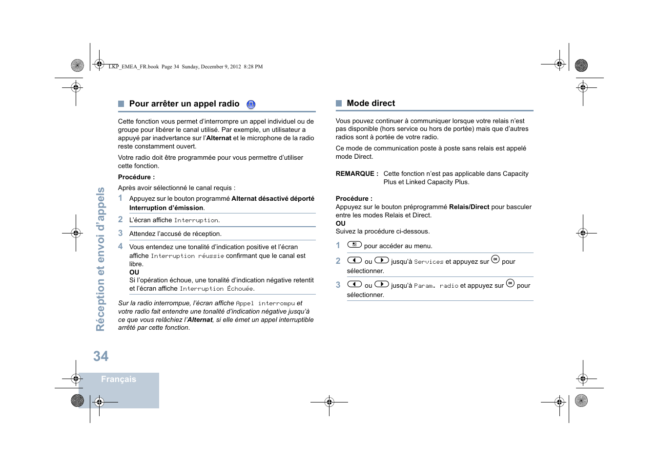 Pour arrêter un appel radio, Mode direct, Pour arrêter un appel radio mode direct | Réception et envoi d’appels | Motorola DP 2600 User Manual | Page 240 / 900