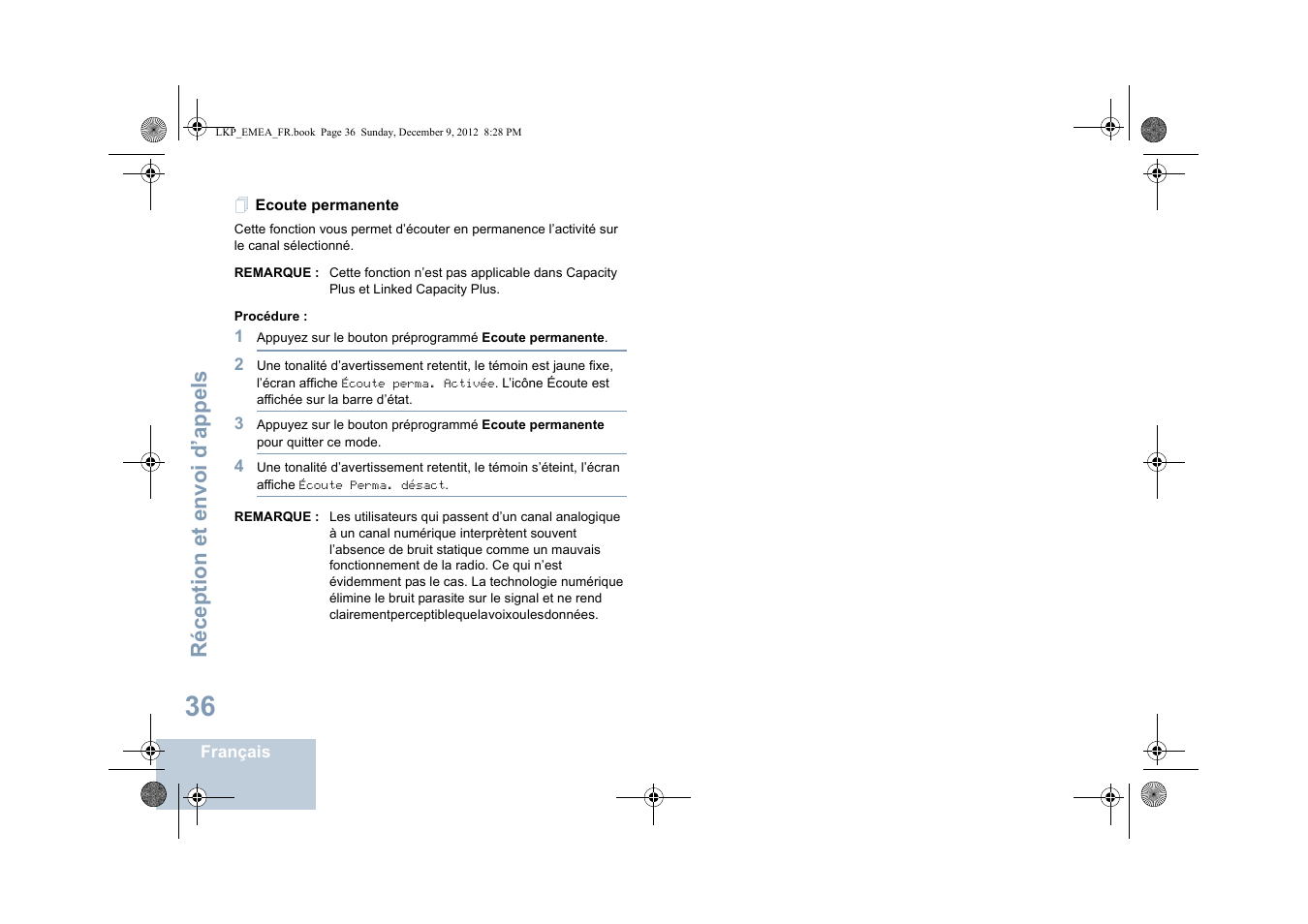 Ecoute permanente, Réception et envoi d’appels | Motorola DP 2600 User Manual | Page 242 / 900