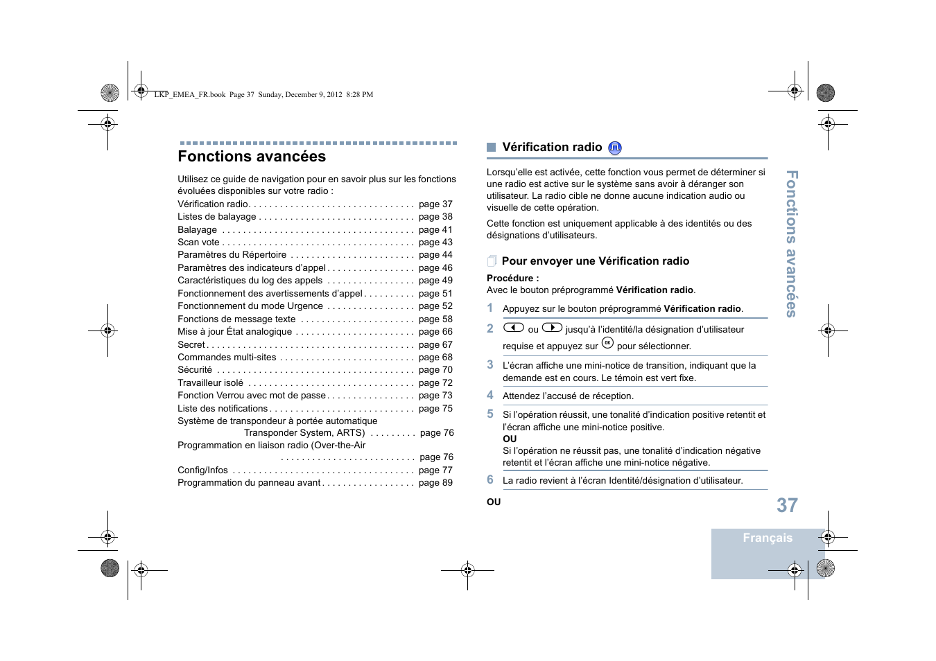 Fonctions avancées, Vérification radio, Pour envoyer une vérification radio | Motorola DP 2600 User Manual | Page 243 / 900