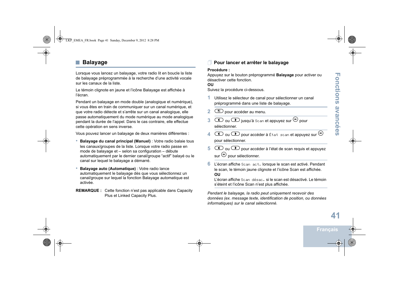 Balayage, Pour lancer et arrêter le balayage, Fonctions avancées | Motorola DP 2600 User Manual | Page 247 / 900