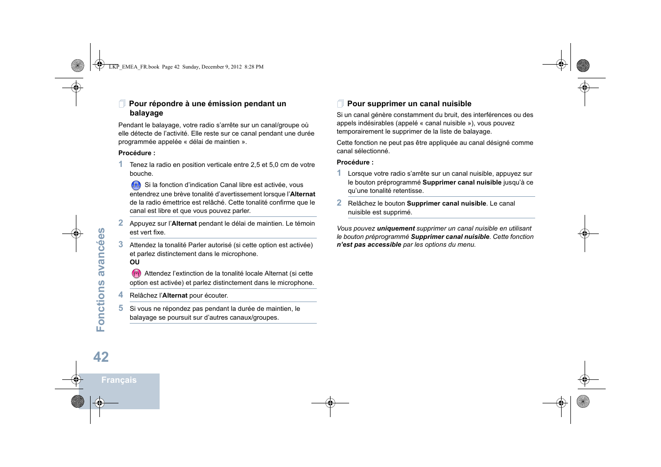 Pour répondre à une émission pendant un balayage, Pour supprimer un canal nuisible, Fonctions avancées | Motorola DP 2600 User Manual | Page 248 / 900