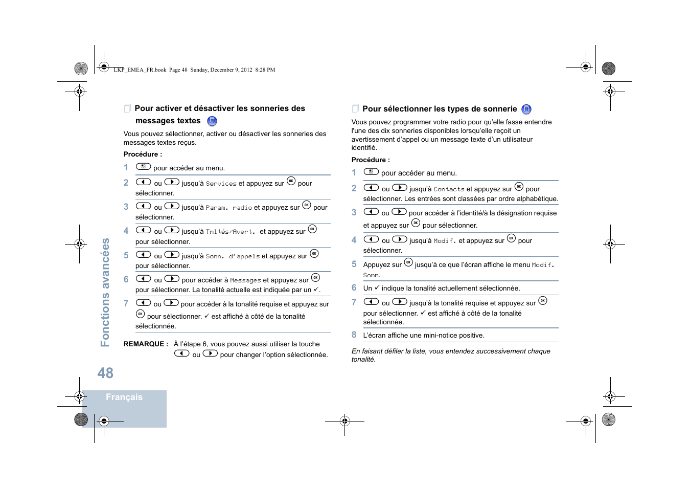 Pour sélectionner les types de sonnerie, Fonctions avancées | Motorola DP 2600 User Manual | Page 254 / 900