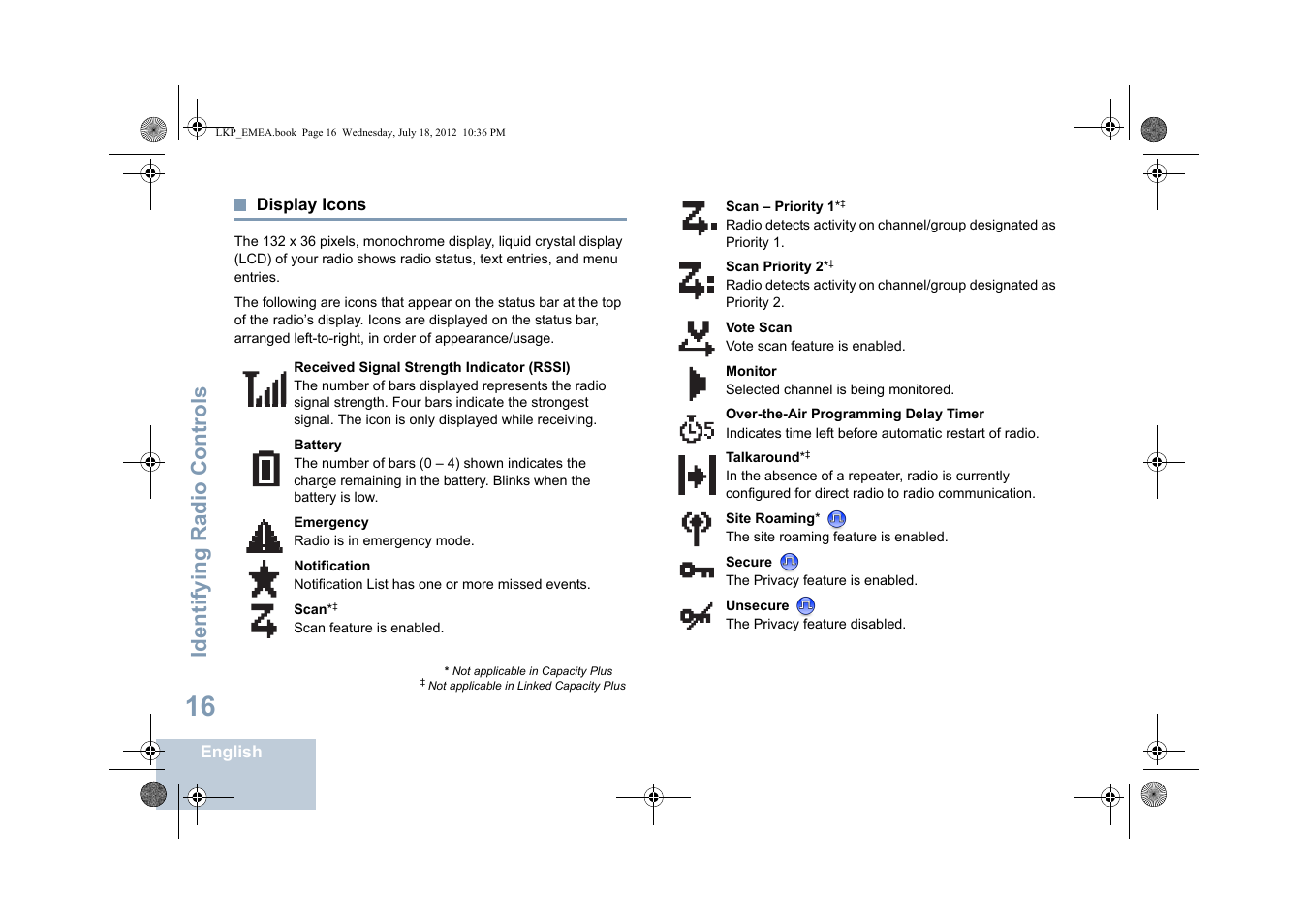 Display icons, Identifying radio controls | Motorola DP 2600 User Manual | Page 26 / 900