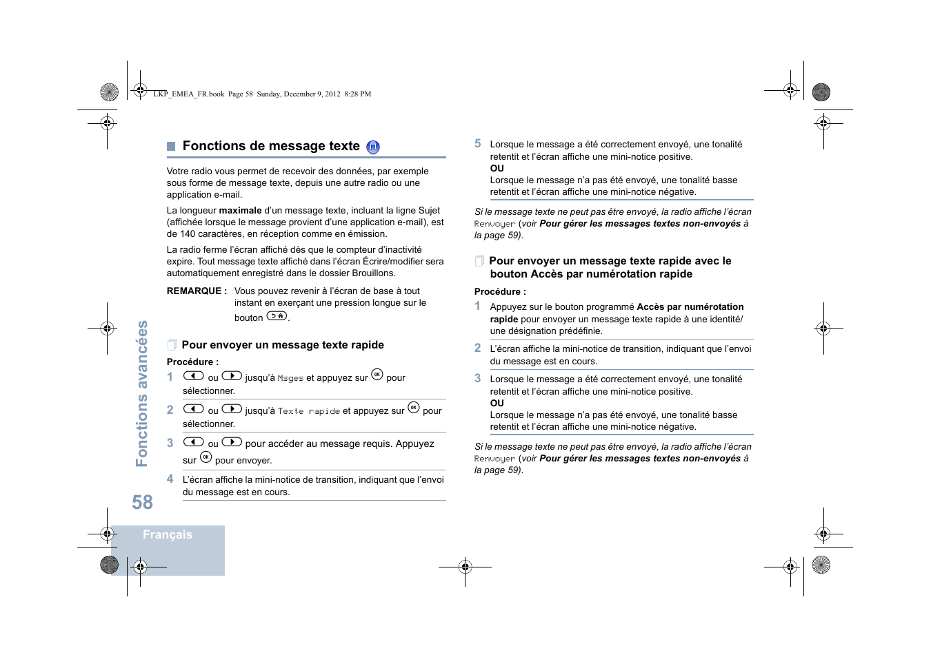 Fonctions de message texte, Pour envoyer un message texte rapide, Fonctions avancées | Motorola DP 2600 User Manual | Page 264 / 900