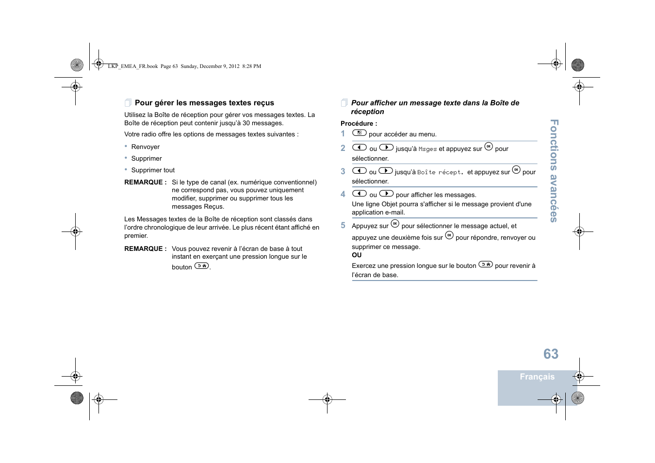 Pour gérer les messages textes reçus, Fonctions avancées | Motorola DP 2600 User Manual | Page 269 / 900