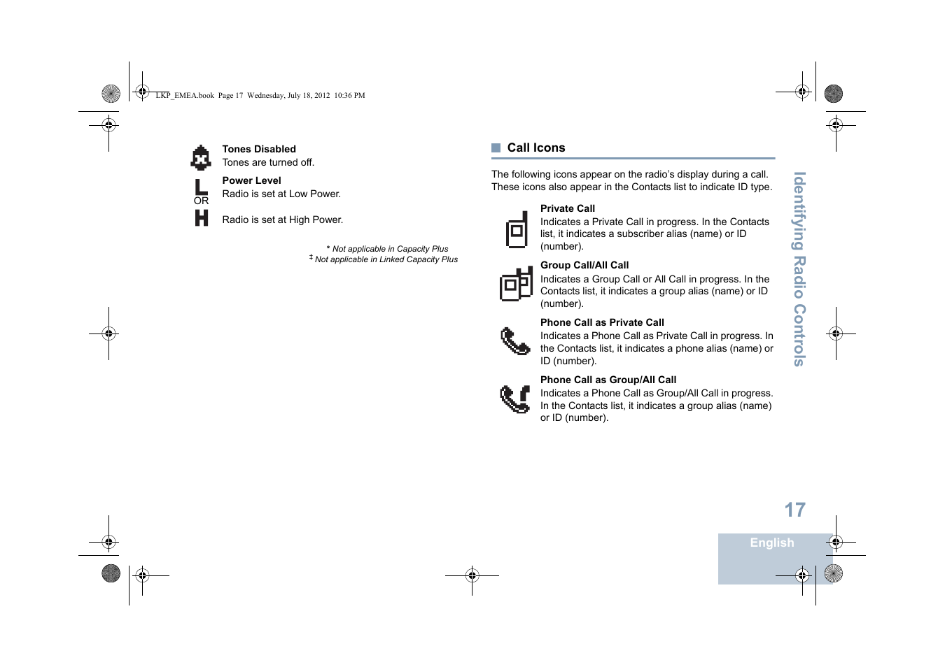 Call icons, Identifying radio controls | Motorola DP 2600 User Manual | Page 27 / 900