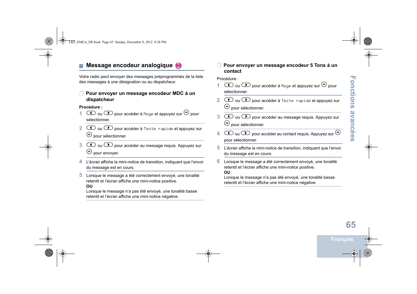 Message encodeur analogique, Fonctions avancées | Motorola DP 2600 User Manual | Page 271 / 900