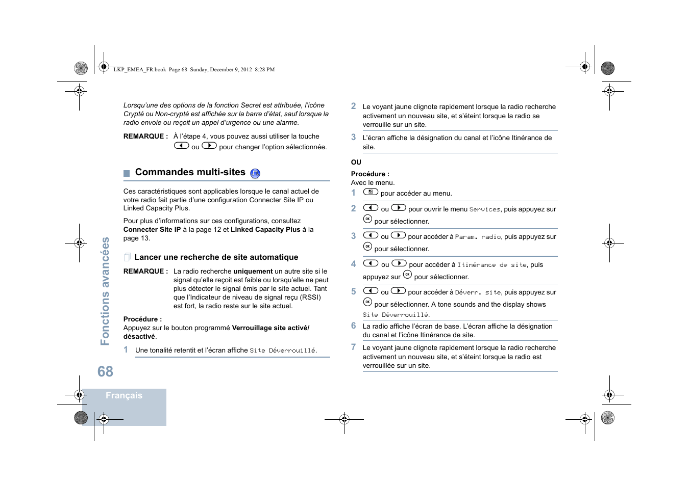 Commandes multi-sites, Lancer une recherche de site automatique, Fonctions avancées | Motorola DP 2600 User Manual | Page 274 / 900