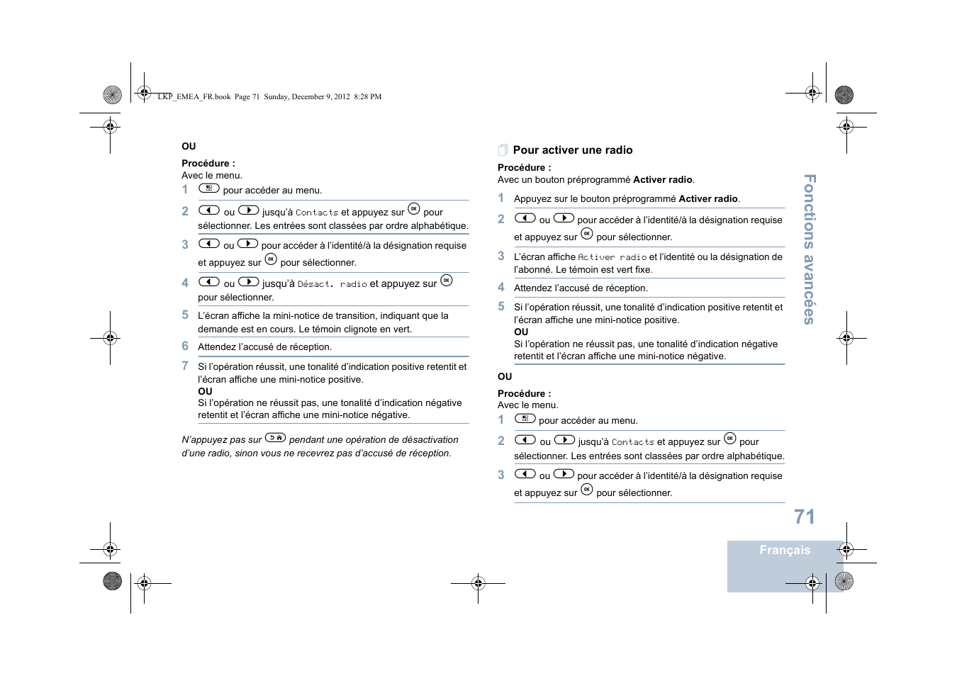 Pour activer une radio, Fonctions avancées | Motorola DP 2600 User Manual | Page 277 / 900