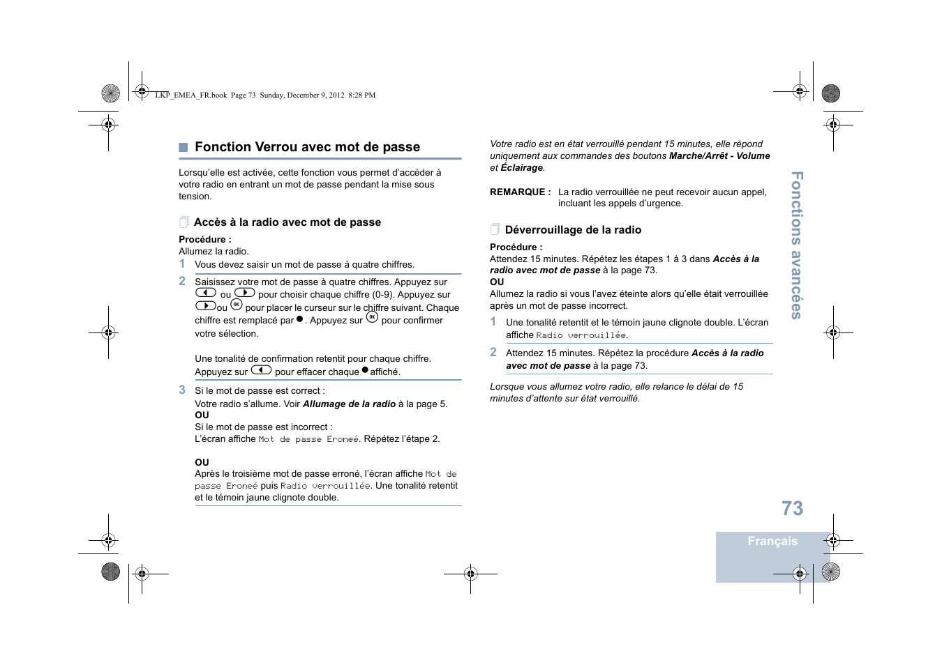 Fonction verrou avec mot de passe, Accès à la radio avec mot de passe, Déverrouillage de la radio | Fonctions avancées | Motorola DP 2600 User Manual | Page 279 / 900