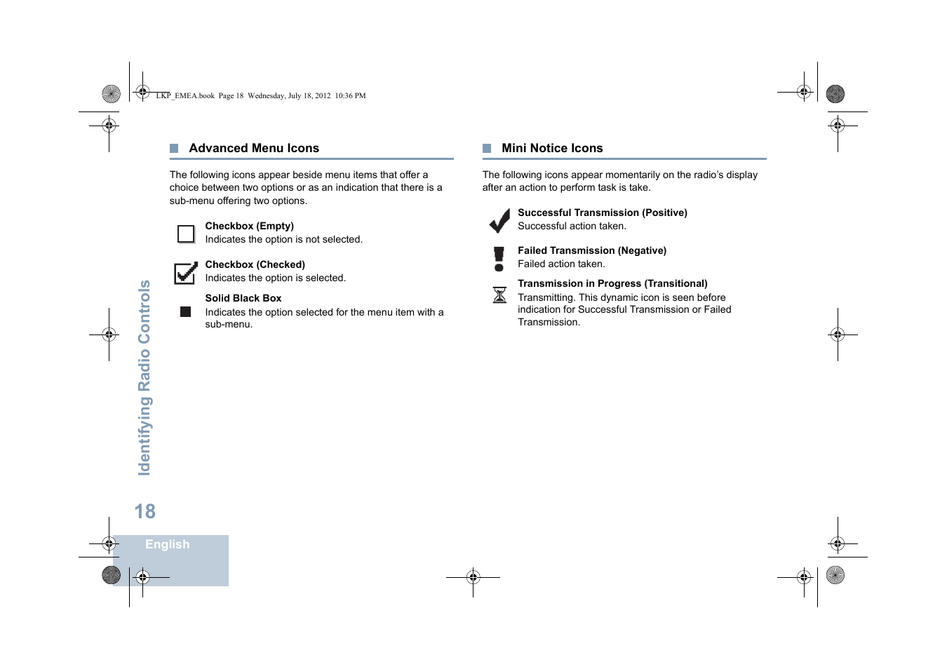 Advanced menu icons, Mini notice icons, Advanced menu icons mini notice icons | Identifying radio controls | Motorola DP 2600 User Manual | Page 28 / 900