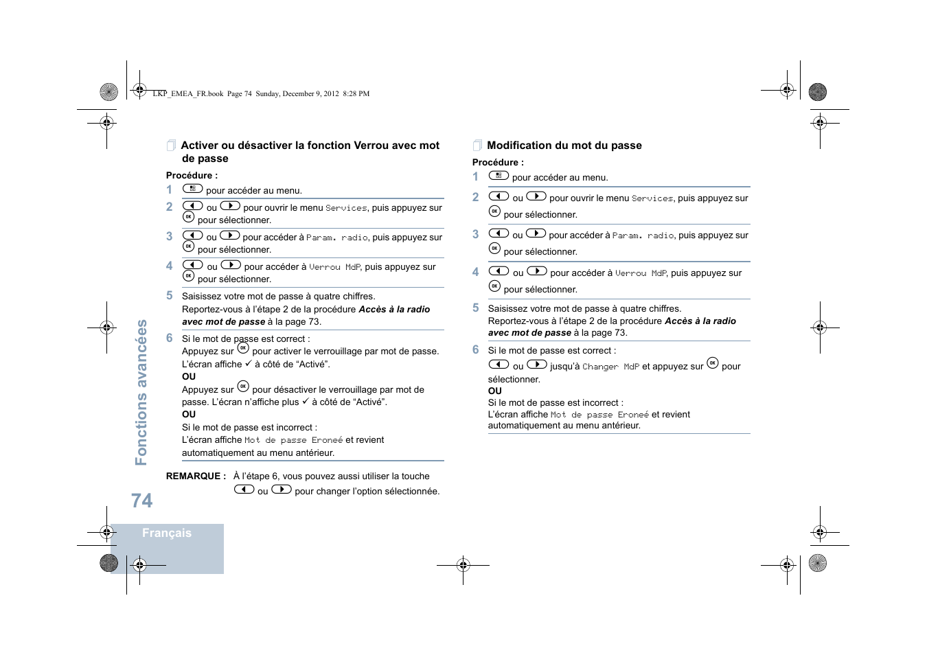 Modification du mot du passe, Fonctions avancées | Motorola DP 2600 User Manual | Page 280 / 900