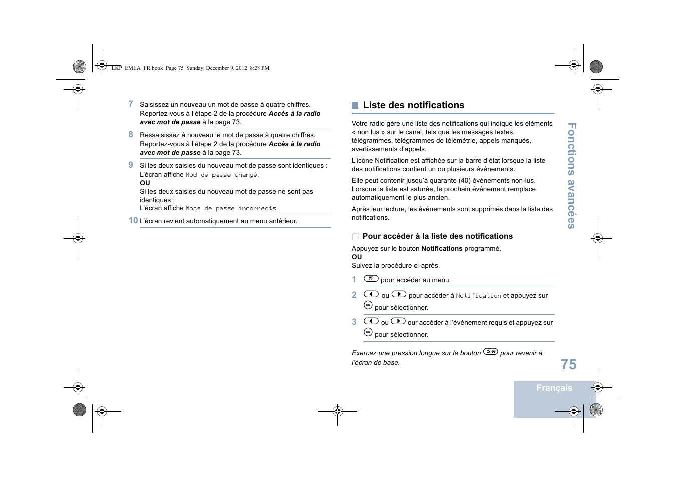 Liste des notifications, Pour accéder à la liste des notifications, Fonctions avancées | Motorola DP 2600 User Manual | Page 281 / 900