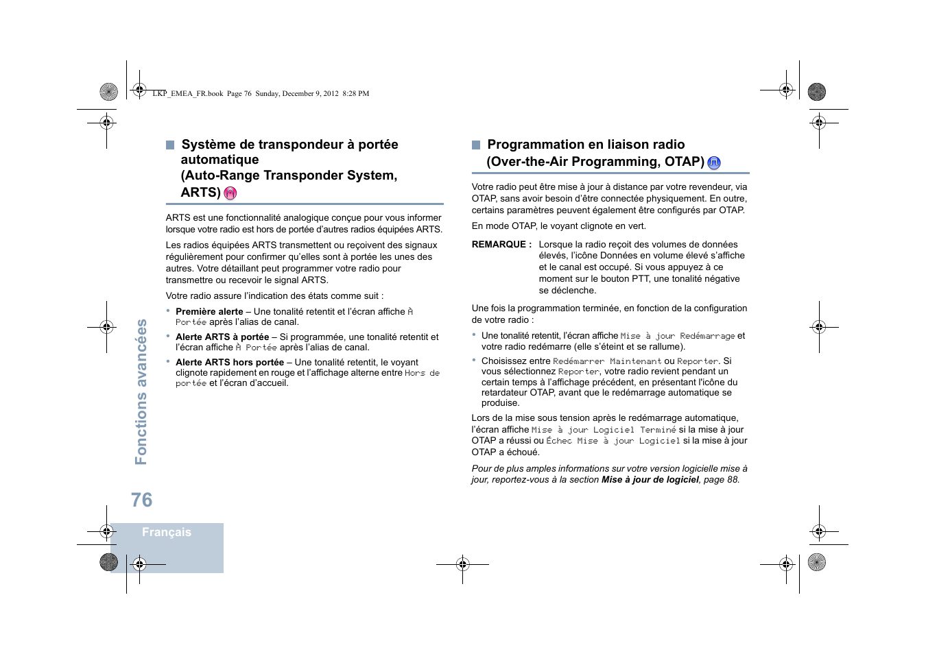 Système de transpondeur à portée automatique, Auto-range transponder system, arts), Programmation en liaison radio | Over-the-air programming, otap), Auto-range, Transponder syste, Programmation en liaison radio (over-the-air, Fonctions avancées | Motorola DP 2600 User Manual | Page 282 / 900