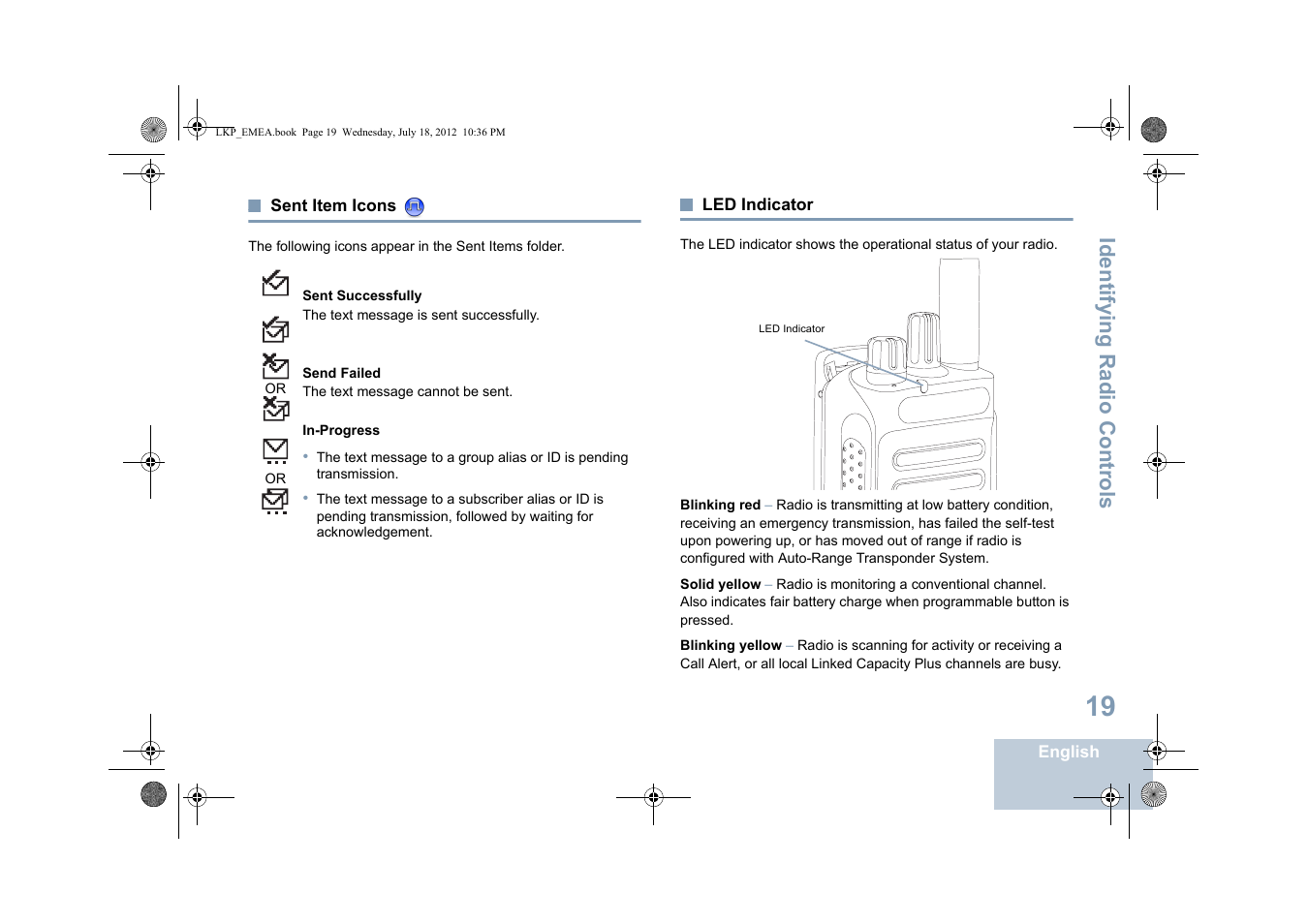 Sent item icons, Led indicator, Sent item icons led indicator | Identifying radio controls | Motorola DP 2600 User Manual | Page 29 / 900