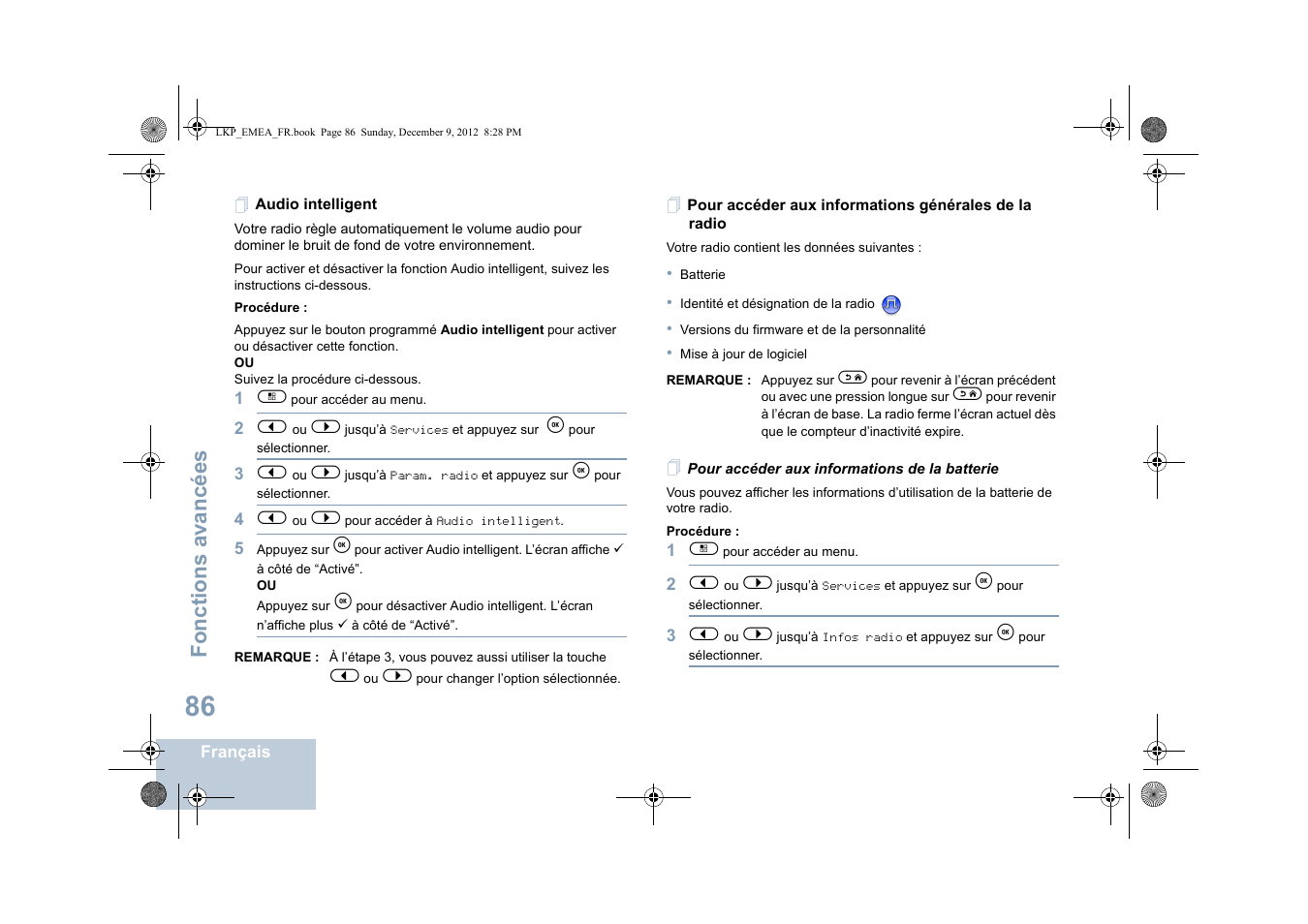 Audio intelligent, Pour accéder aux informations de la batterie, Fonctions avancées | Motorola DP 2600 User Manual | Page 292 / 900