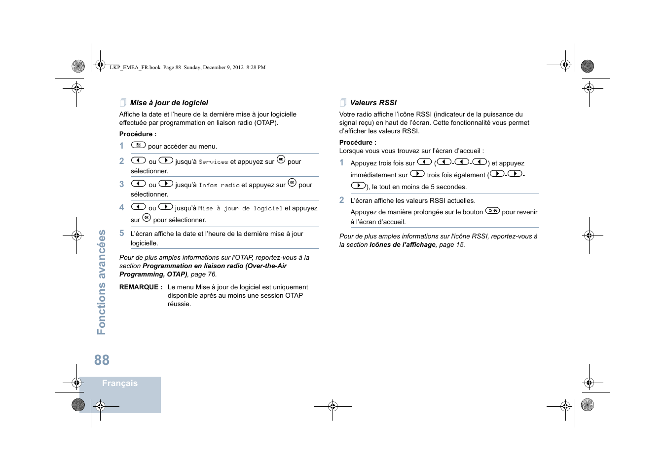 Mise à jour de logiciel, Valeurs rssi, Mise à jour de logiciel valeurs rssi | Fonctions avancées | Motorola DP 2600 User Manual | Page 294 / 900