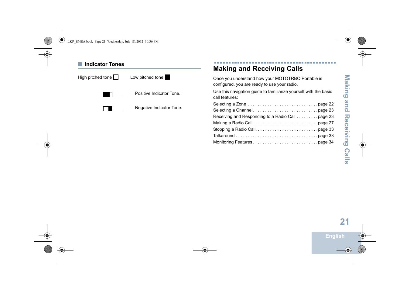 Indicator tones, Making and receiving calls | Motorola DP 2600 User Manual | Page 31 / 900