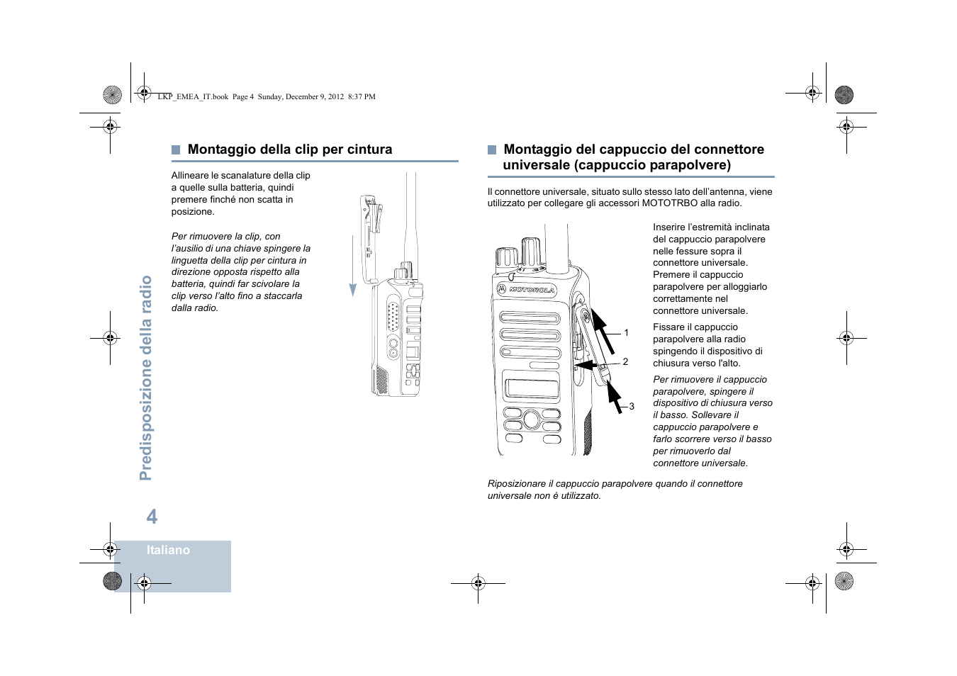 Montaggio della clip per cintura, Cappuccio parapolvere), Predisposizione della radio | Motorola DP 2600 User Manual | Page 312 / 900