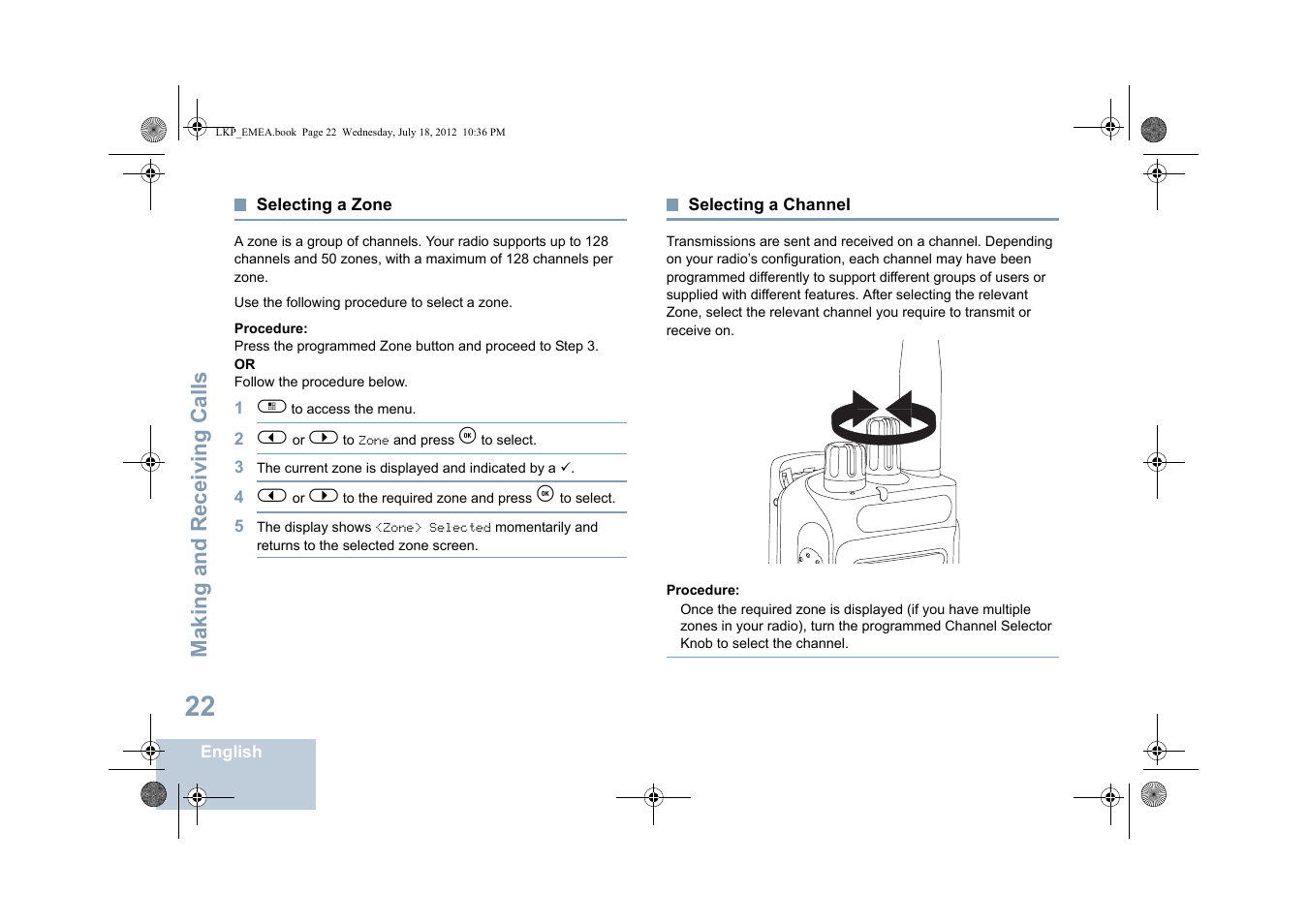 Selecting a zone, Selecting a channel, Selecting a zone selecting a channel | Motorola DP 2600 User Manual | Page 32 / 900