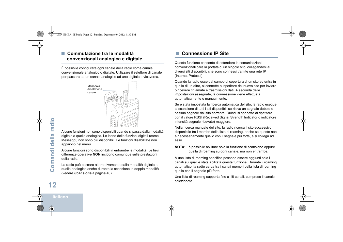 Connessione ip site, Commutazione tra le modalità convenzionali, Analogica e digitale | Comandi del la ra dio | Motorola DP 2600 User Manual | Page 320 / 900