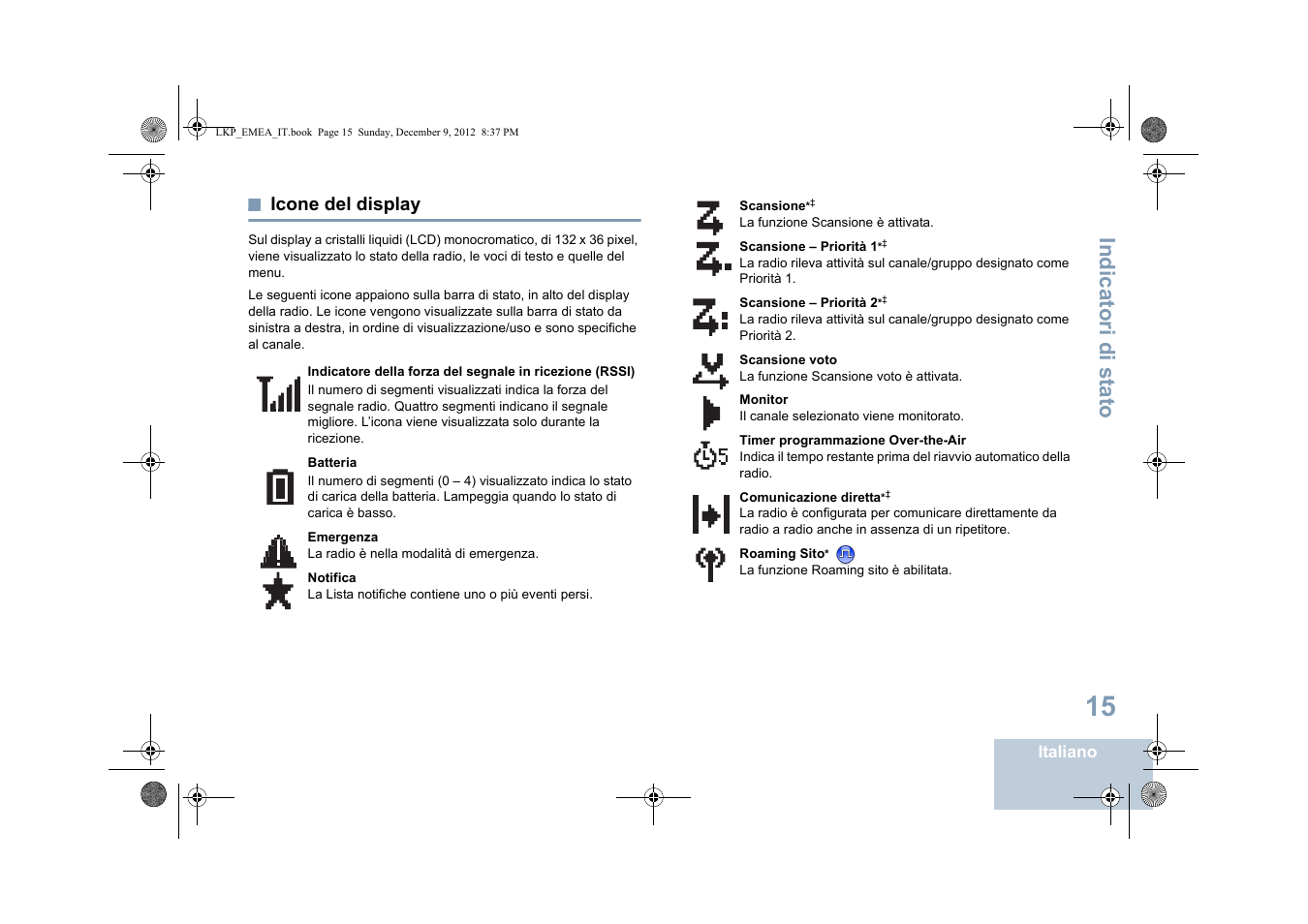 Icone del display, Ind icatori di st ato | Motorola DP 2600 User Manual | Page 323 / 900