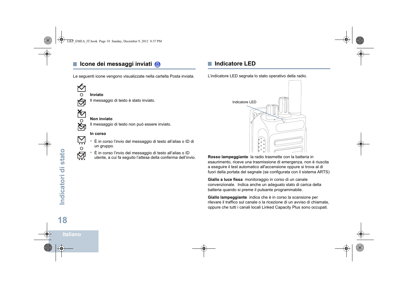 Icone dei messaggi inviati, Indicatore led, Icone dei messaggi inviati indicatore led | Indicatori di st ato | Motorola DP 2600 User Manual | Page 326 / 900