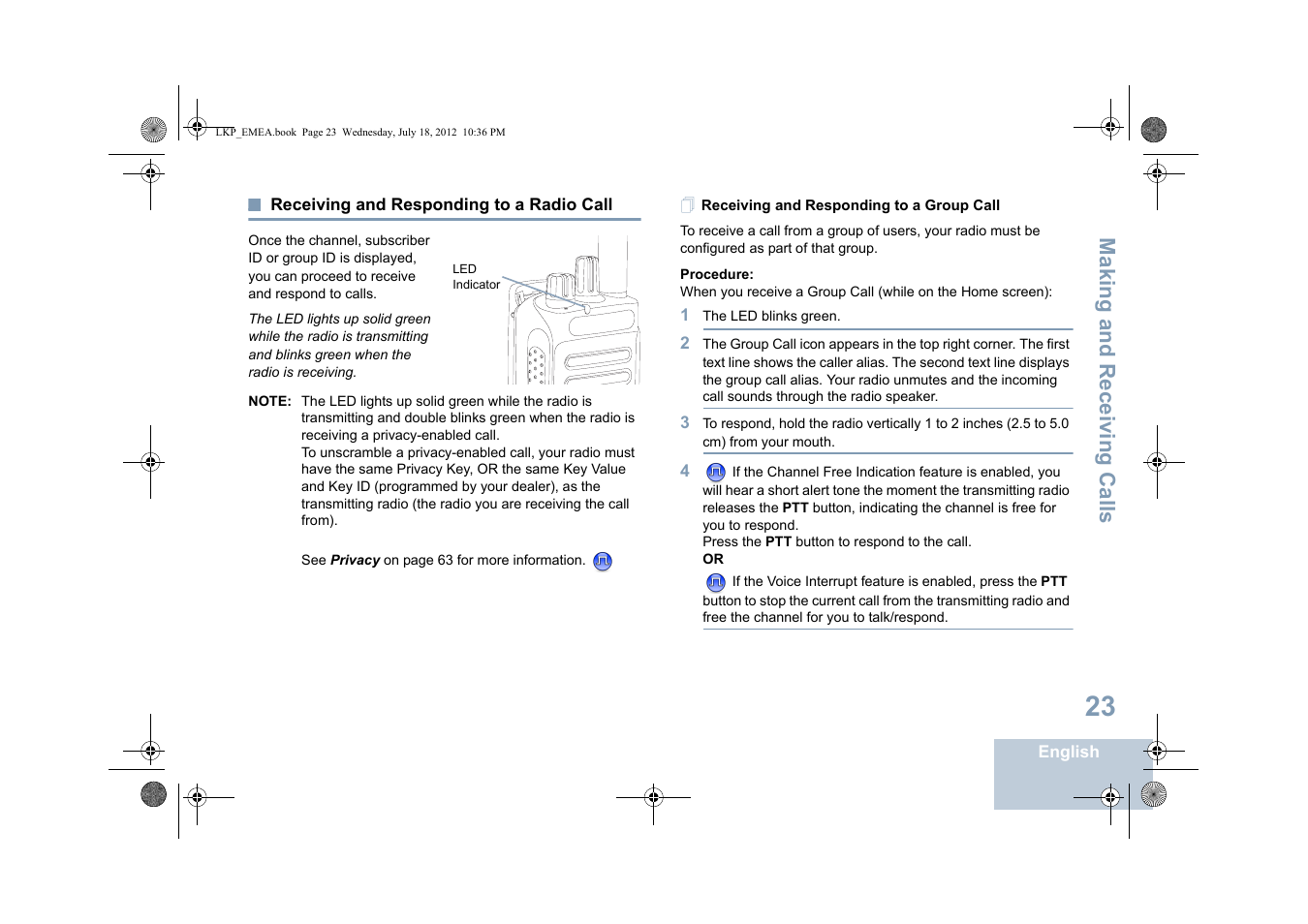 Receiving and responding to a radio call, Receiving and responding to a group call, Making and r eceiving calls | Motorola DP 2600 User Manual | Page 33 / 900