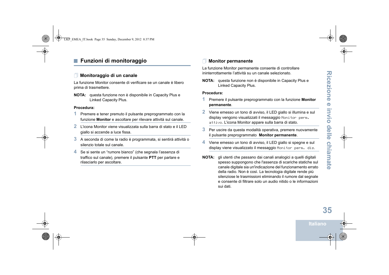 Funzioni di monitoraggio, Monitoraggio di un canale, Monitor permanente | Monitoraggio di un canale monitor permanente, Ricezione e invio delle chiamate | Motorola DP 2600 User Manual | Page 343 / 900