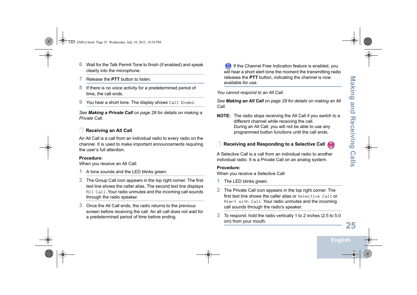 Receiving an all call, Receiving and responding to a selective call, Making and r eceiving calls | Motorola DP 2600 User Manual | Page 35 / 900