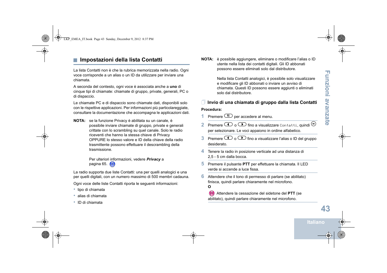 Impostazioni della lista contatti, Ere impostazioni della lista contatti, Funzioni a vanza te | Motorola DP 2600 User Manual | Page 351 / 900