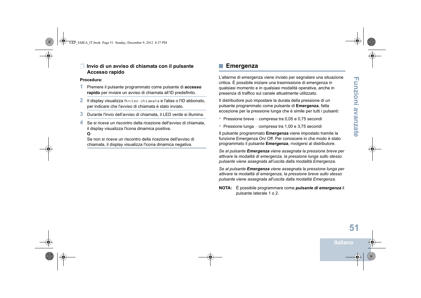 Emergenza, Funzioni a vanza te | Motorola DP 2600 User Manual | Page 359 / 900