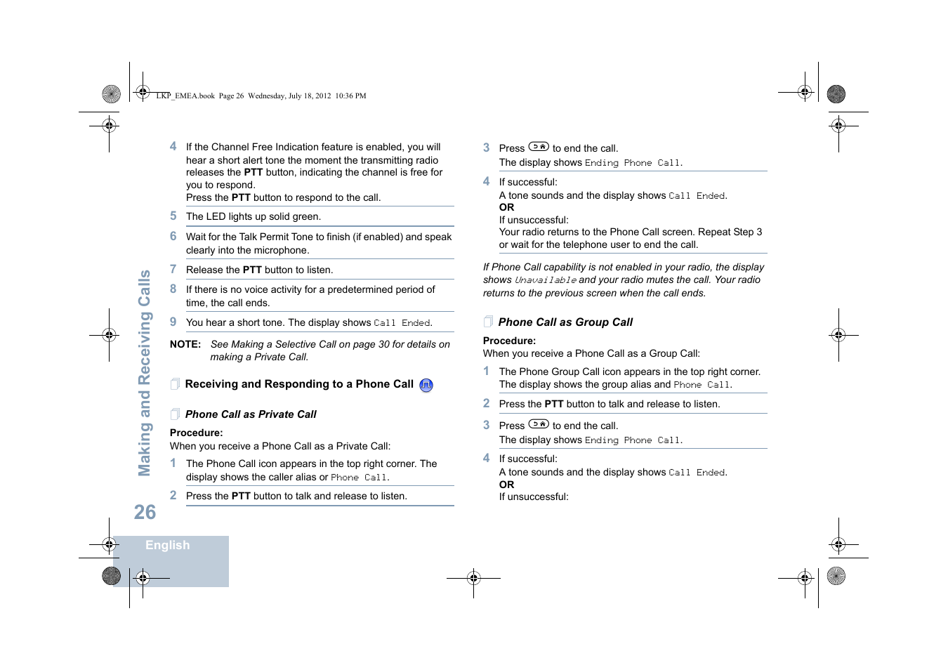 Receiving and responding to a phone call, Phone call as private call, Phone call as group call | Making and receiving calls | Motorola DP 2600 User Manual | Page 36 / 900