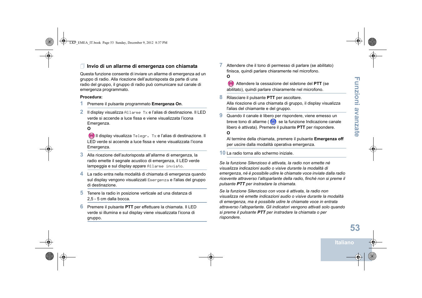 Invio di un allarme di emergenza con chiamata, Funzioni a vanza te | Motorola DP 2600 User Manual | Page 361 / 900