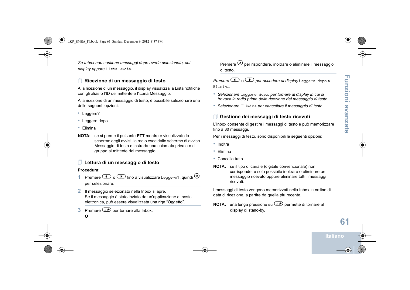 Ricezione di un messaggio di testo, Lettura di un messaggio di testo, Gestione dei messaggi di testo ricevuti | Funzioni a vanza te | Motorola DP 2600 User Manual | Page 369 / 900