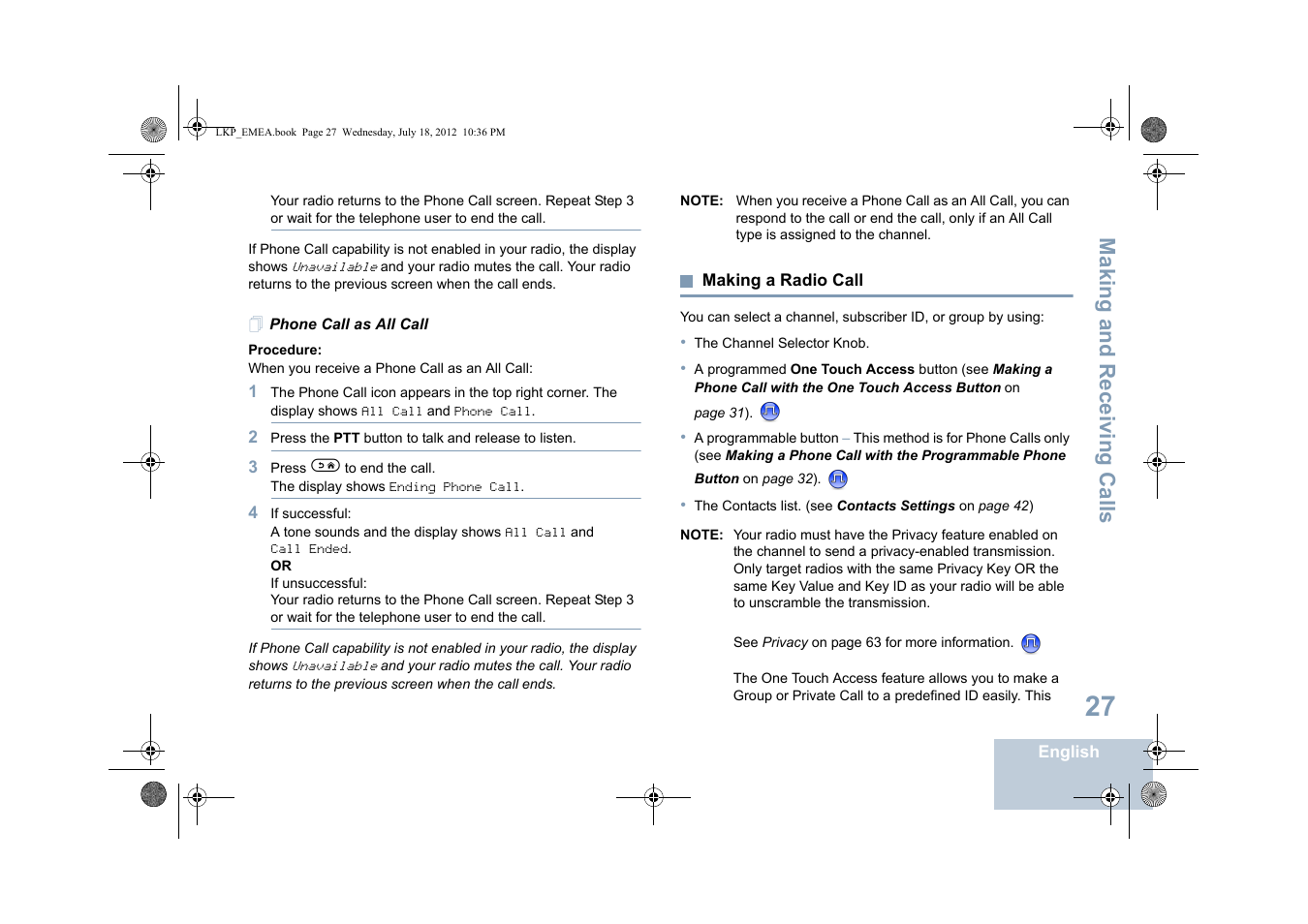 Phone call as all call, Making a radio call, Making and r eceiving calls | Motorola DP 2600 User Manual | Page 37 / 900