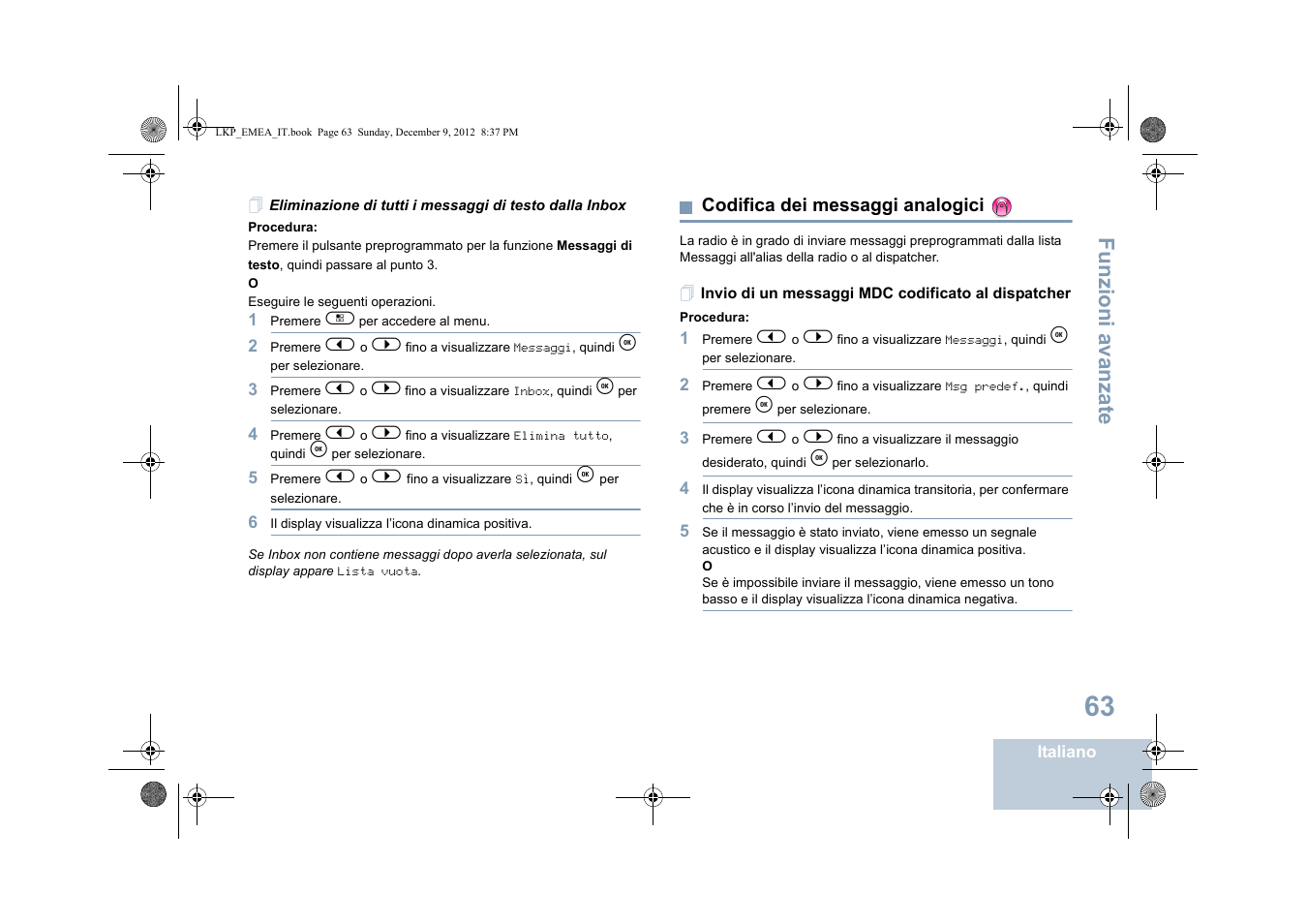 Codifica dei messaggi analogici, Invio di un messaggi mdc codificato al dispatcher, Funzioni a vanza te | Motorola DP 2600 User Manual | Page 371 / 900