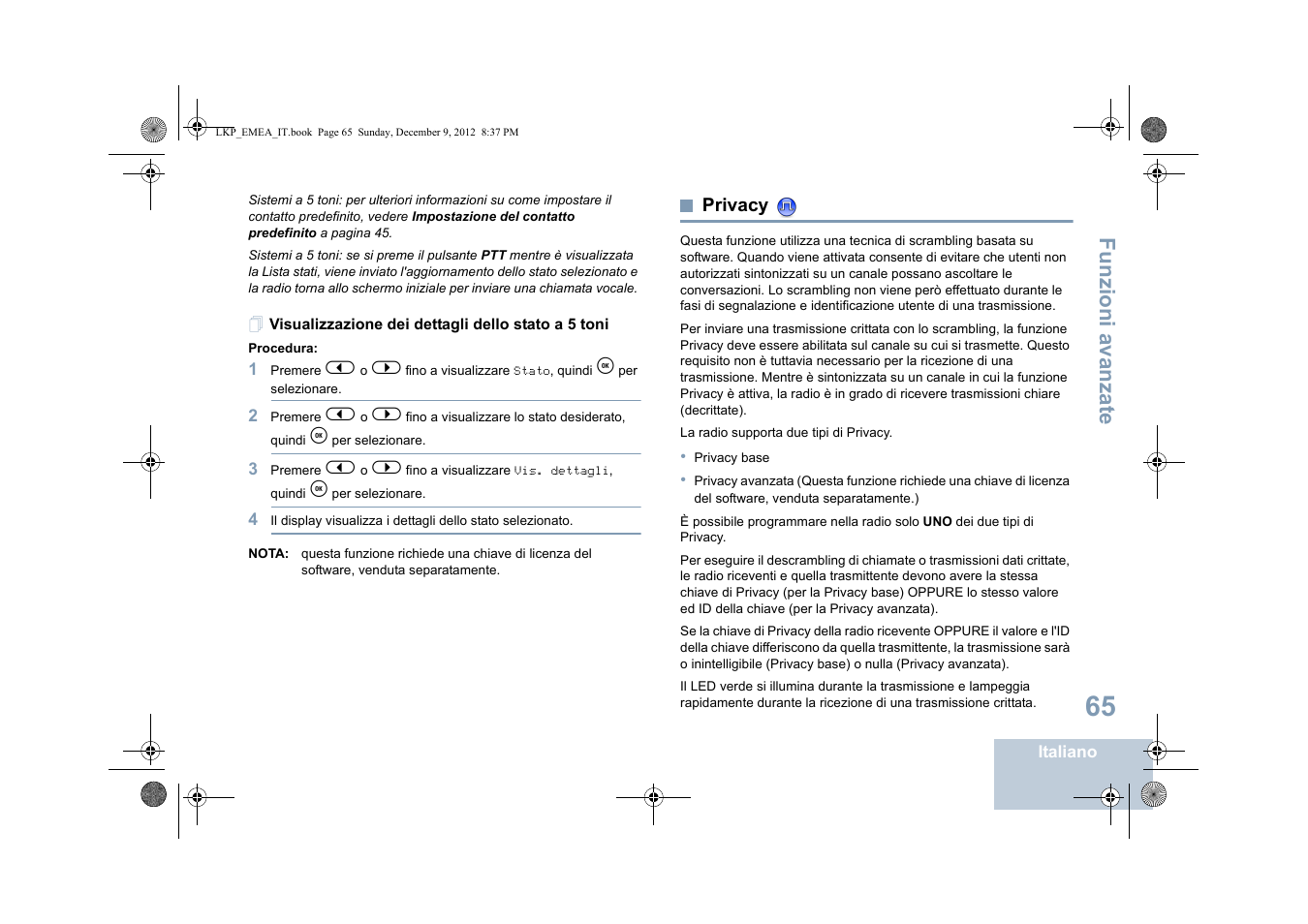 Visualizzazione dei dettagli dello stato a 5 toni, Privacy, Funzioni a vanza te | Motorola DP 2600 User Manual | Page 373 / 900