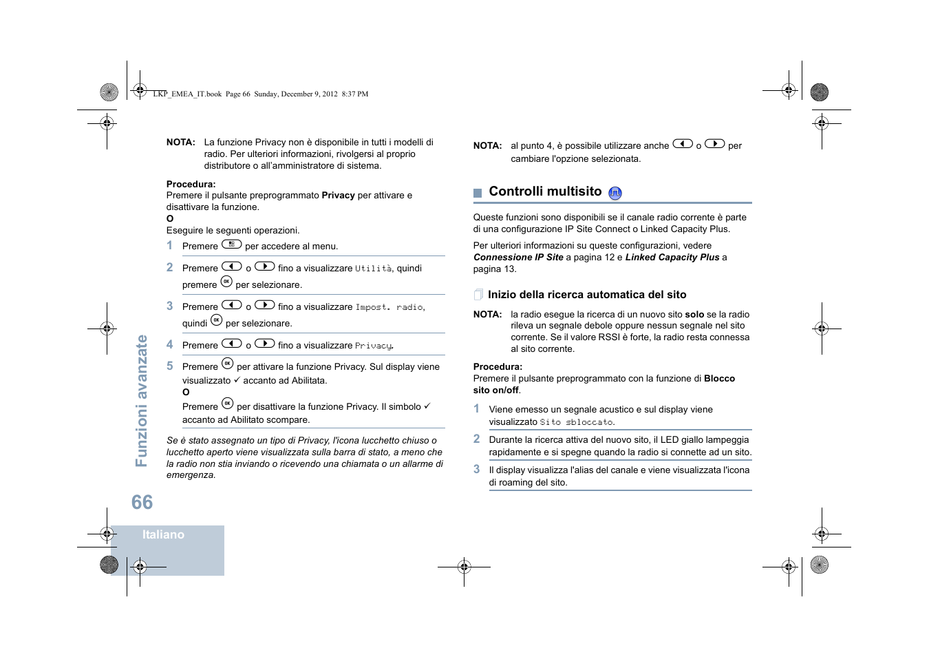 Controlli multisito, Inizio della ricerca automatica del sito, Funzioni avanzate | Motorola DP 2600 User Manual | Page 374 / 900