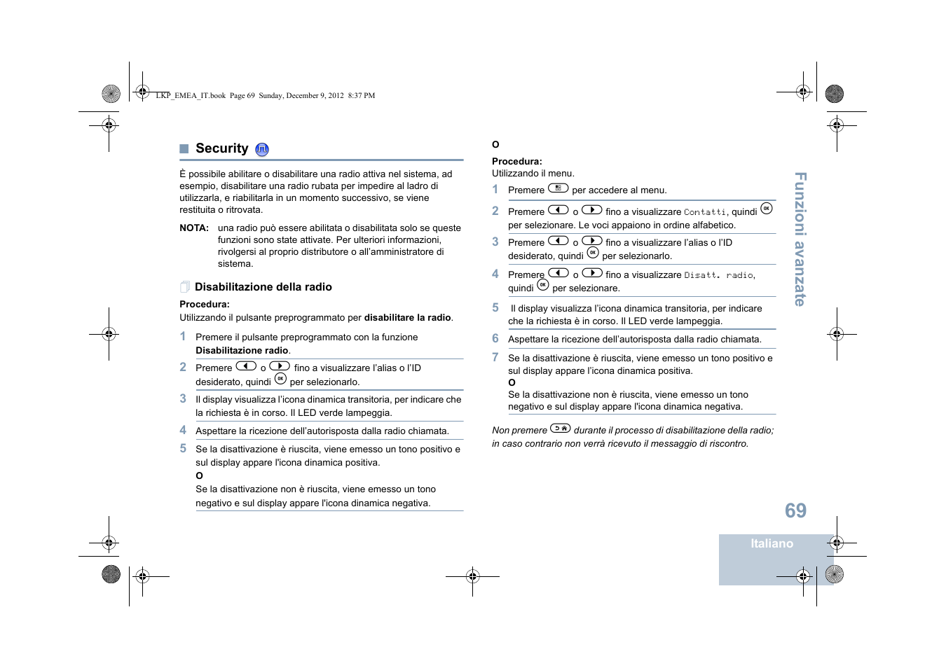 Security, Disabilitazione della radio, Funzioni a vanza te | Motorola DP 2600 User Manual | Page 377 / 900