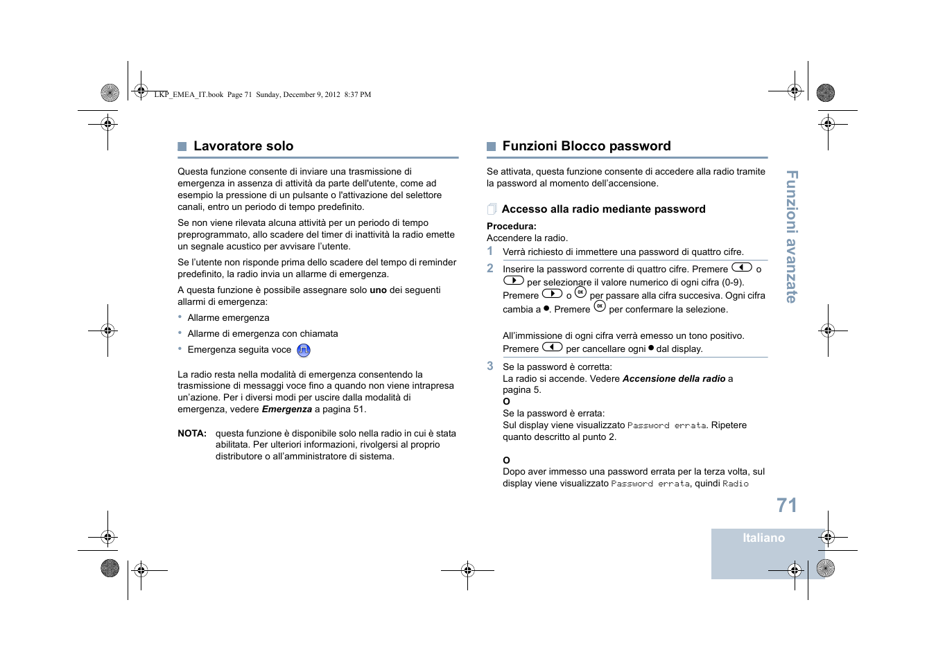 Lavoratore solo, Funzioni blocco password, Accesso alla radio mediante password | Lavoratore solo funzioni blocco password, Funzioni a vanza te | Motorola DP 2600 User Manual | Page 379 / 900