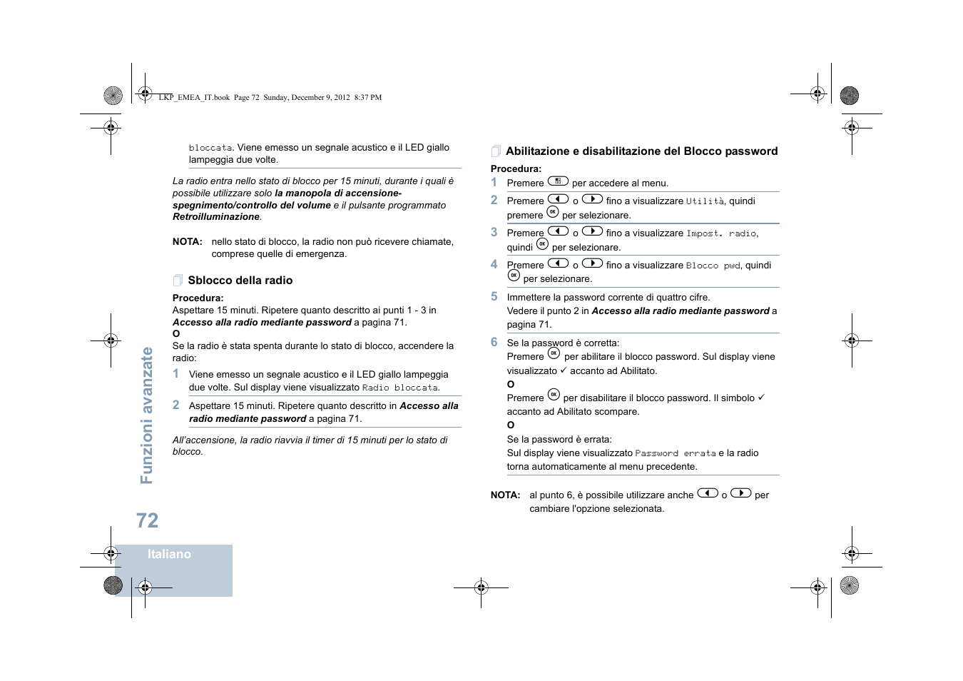 Sblocco della radio, Abilitazione e disabilitazione del blocco password, Funzioni avanzate | Motorola DP 2600 User Manual | Page 380 / 900